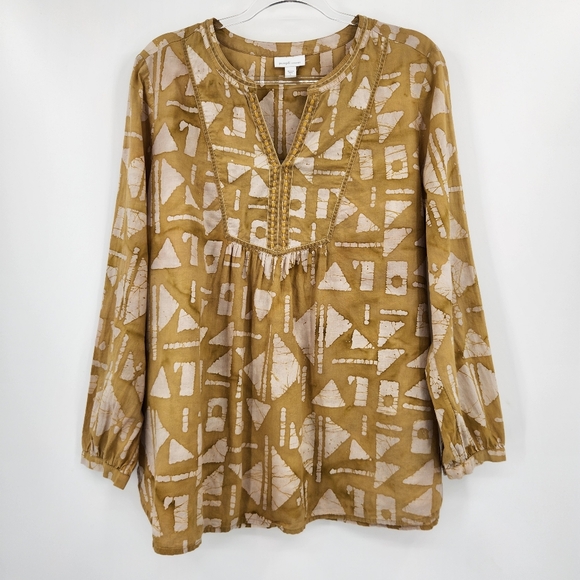 J. Jill Elements Long Sleeve Boho Printed Top Womens Size Large V Neck Mustard - Picture 8 of 8